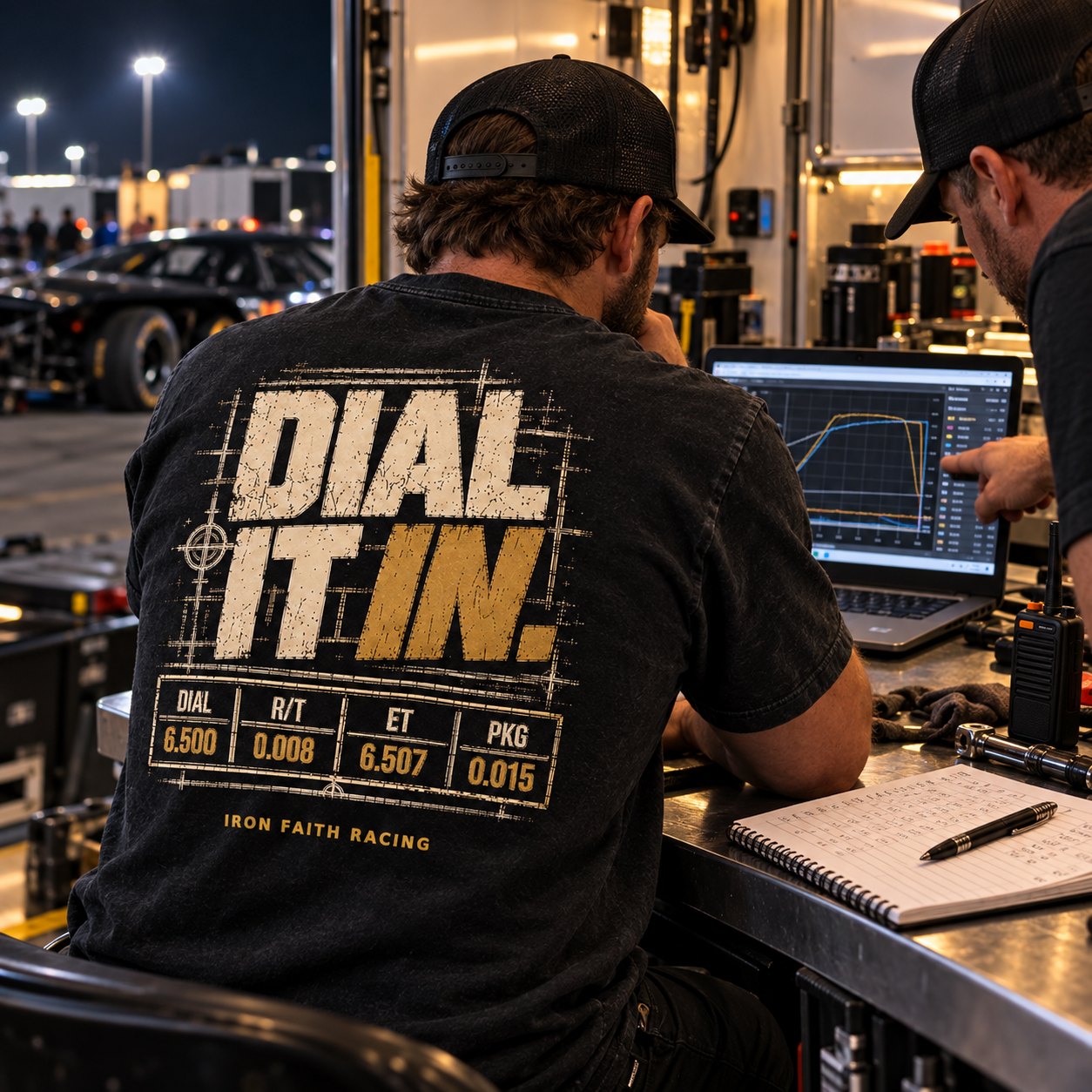 Dial It In graphic tee worn while reviewing pass data