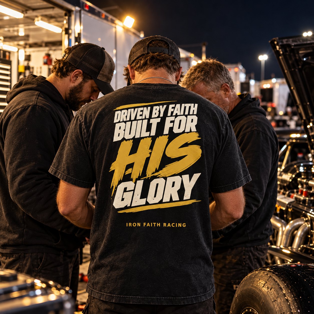 HIS Glory graphic tee worn in a pit crew huddle
