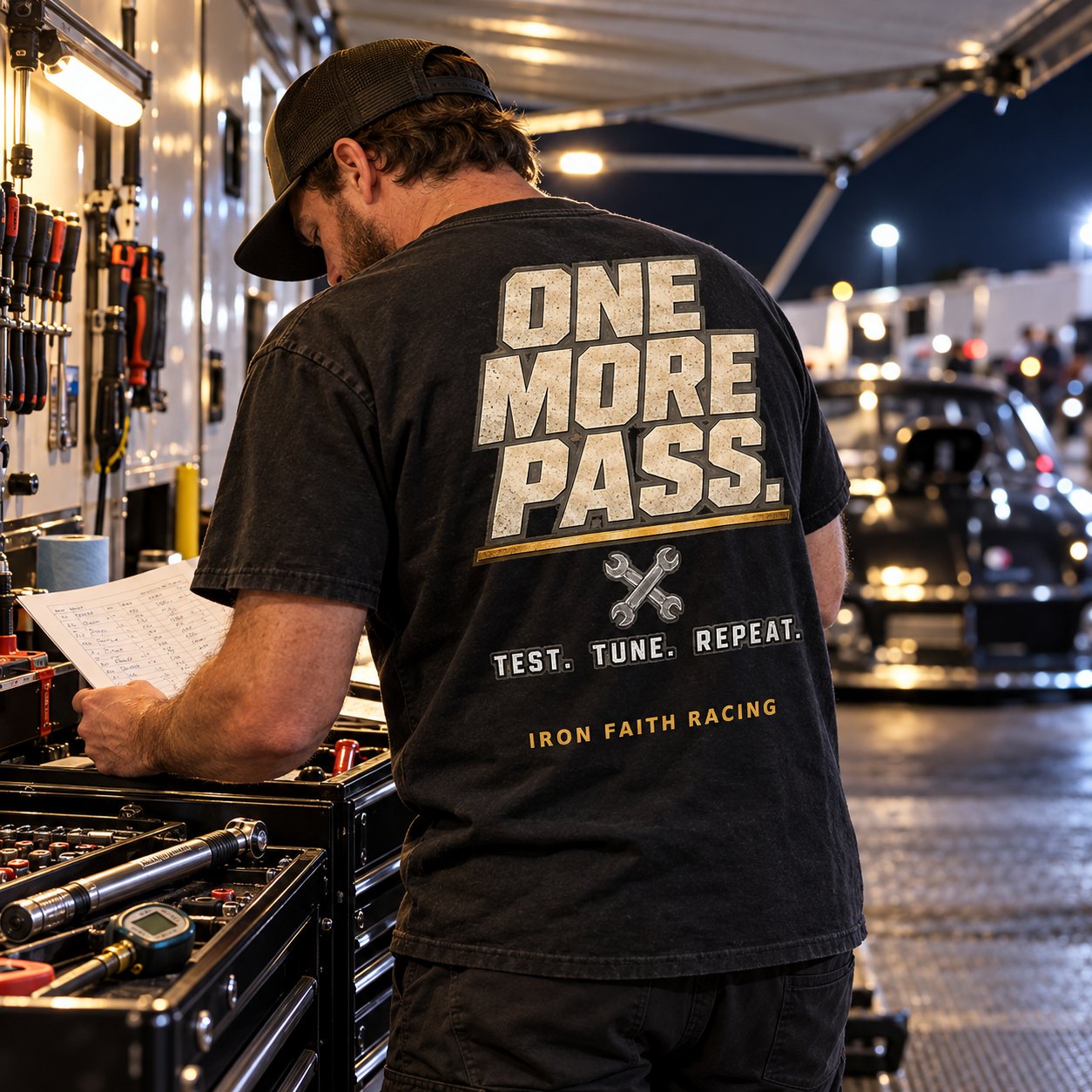 One More Pass graphic tee worn during night pit tuning