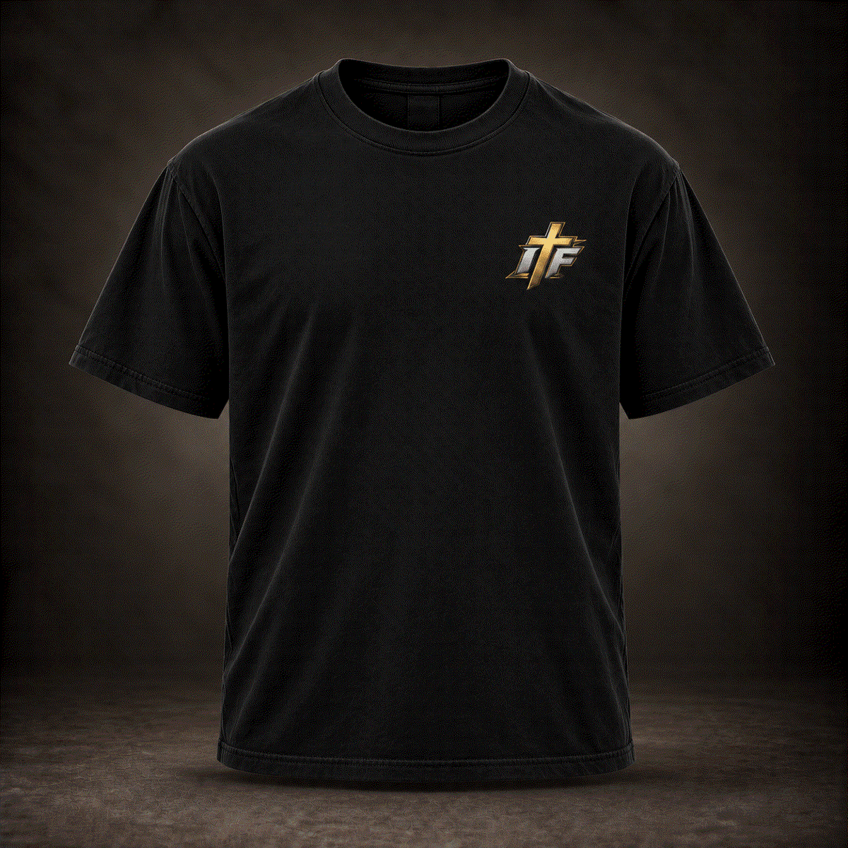 Front of Reaction .000 Tee, washed black with small gold IFR cross logo on chest