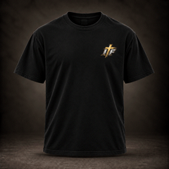 Front of Reaction .000 Tee, washed black with small gold IFR cross logo on chest