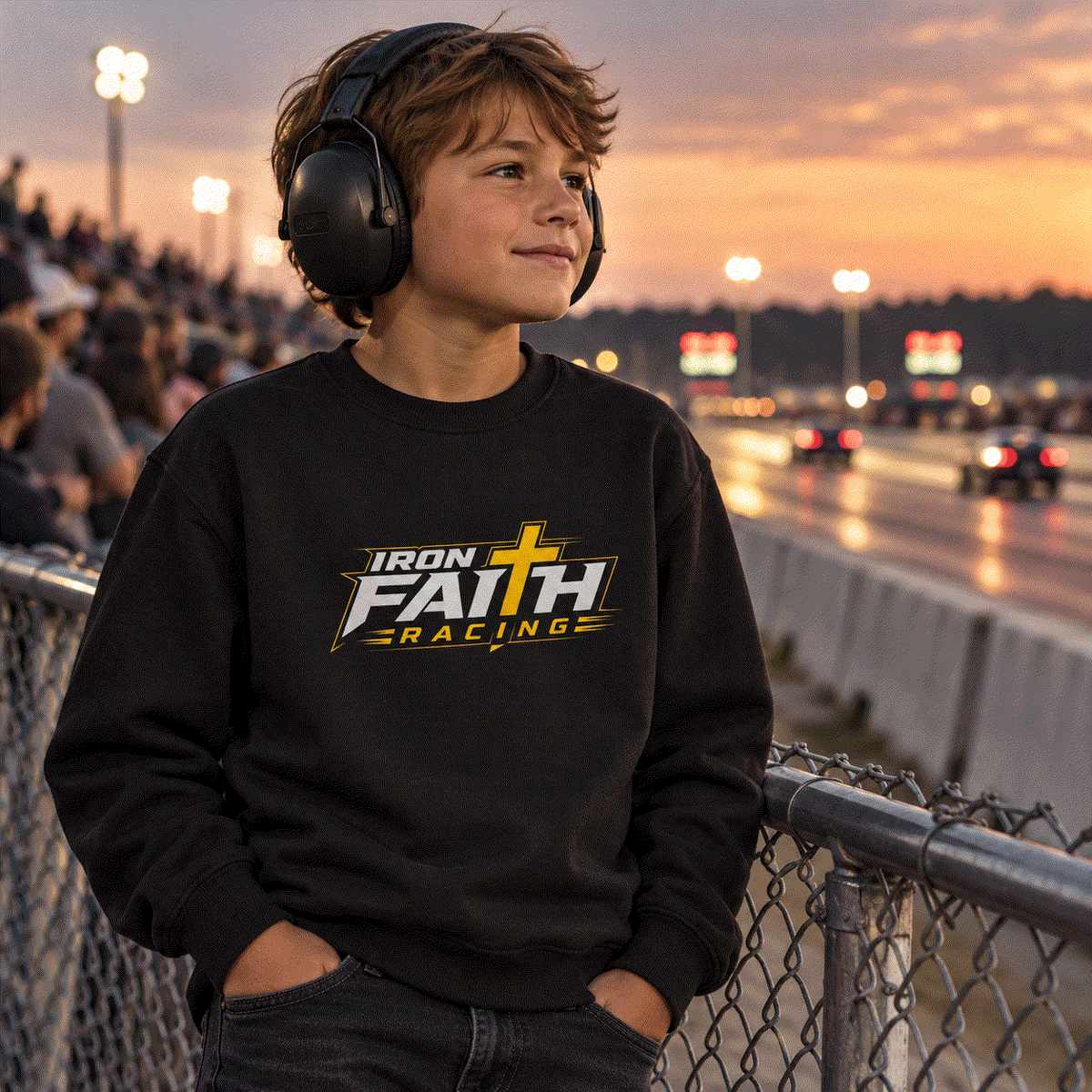 Boy in Iron Faith Racing youth crewneck and ear protection at the strip at sunset