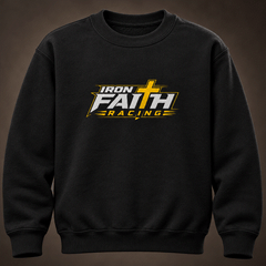 Close-up of Iron Faith Racing logo print on black youth crewneck