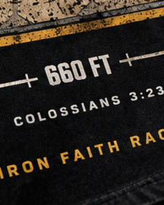 Close-up of 660 FT and Colossians 3:23 detail on the Clean 660 Tee back print