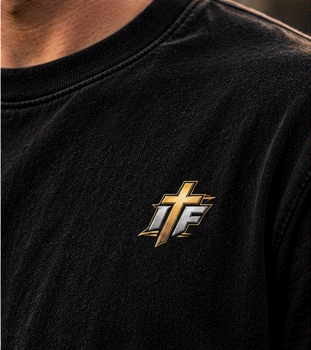 Close-up of gold IFR cross logo on chest of the Clean 660 Tee