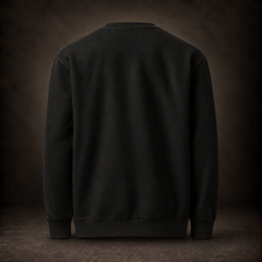 Back of black Iron Faith Racing crewneck sweatshirt, plain with no print