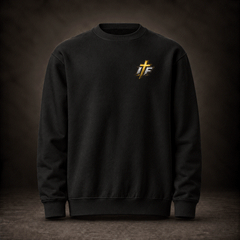 Front of black Faith Crewneck with small gold IFR cross logo on chest