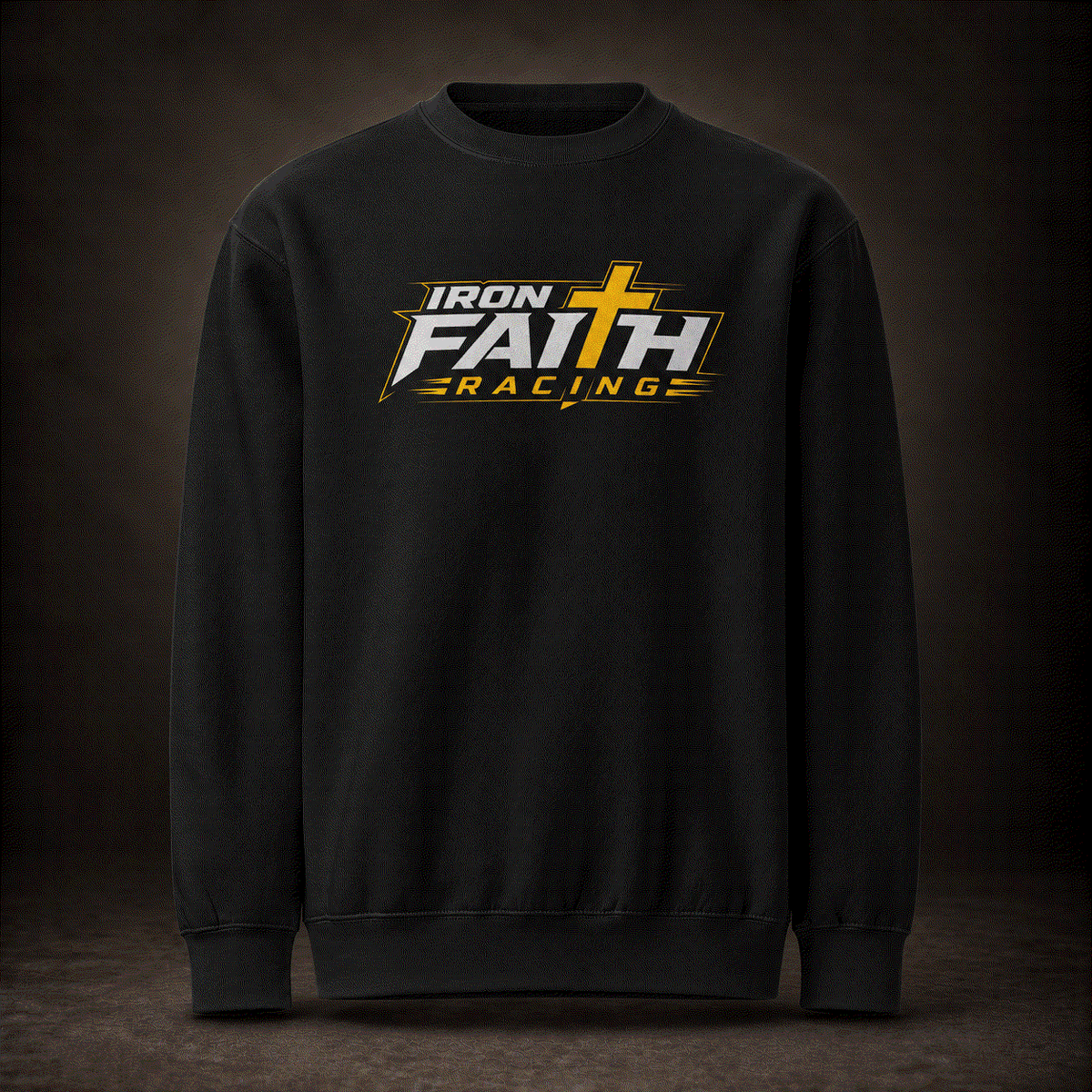 Black crewneck sweatshirt with Iron Faith Racing logo on front