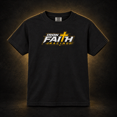 Front of youth Faith Tee, black with Iron Faith Racing logo