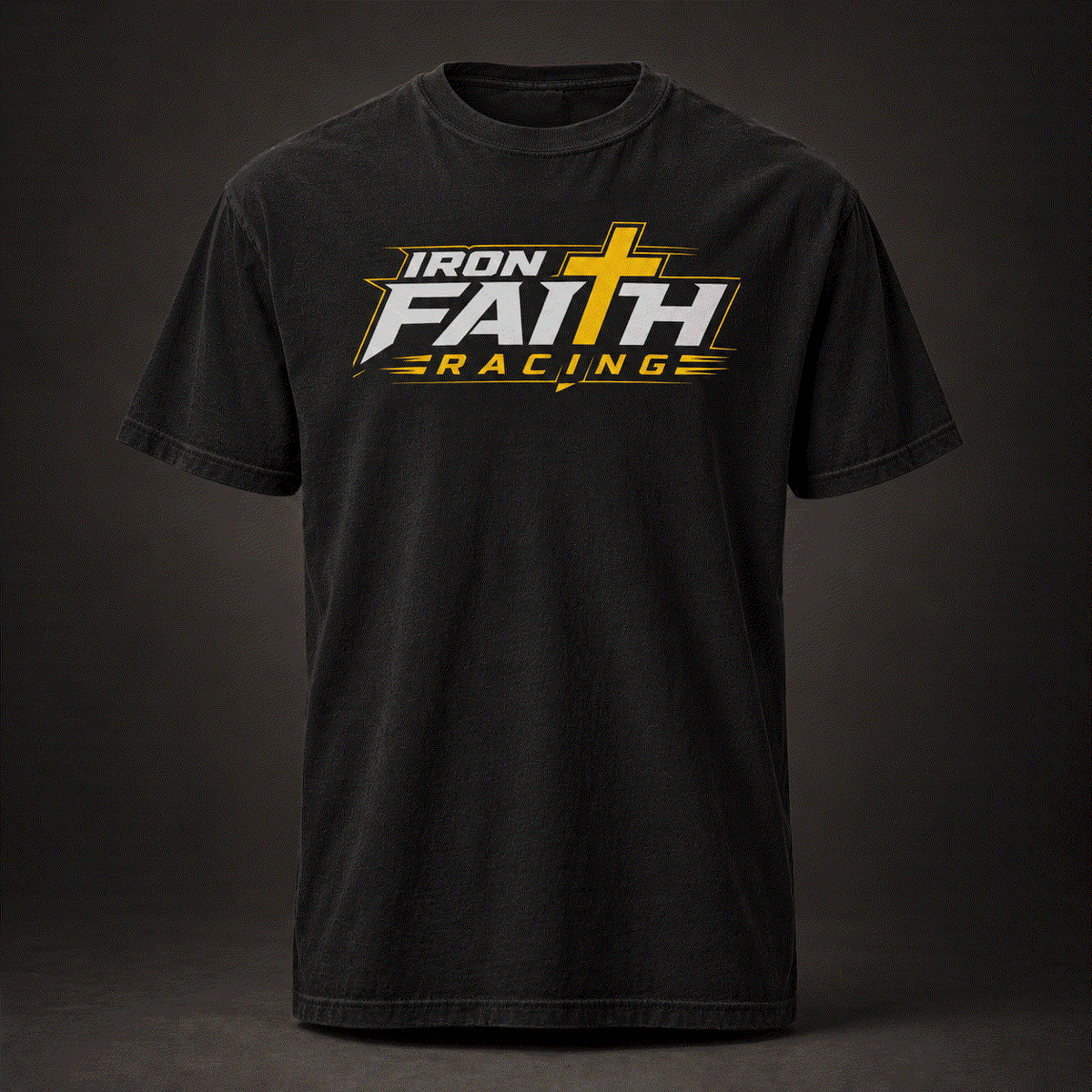 Front of black Faith Tee with Iron Faith Racing logo
