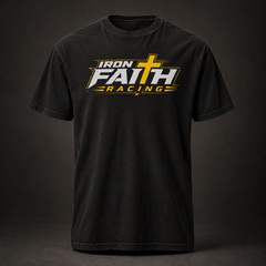 Front of black Faith Tee with Iron Faith Racing logo