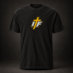 Black tee with large gold IFR cross icon on front