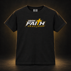 Youth black tee with Iron Faith Racing logo on front
