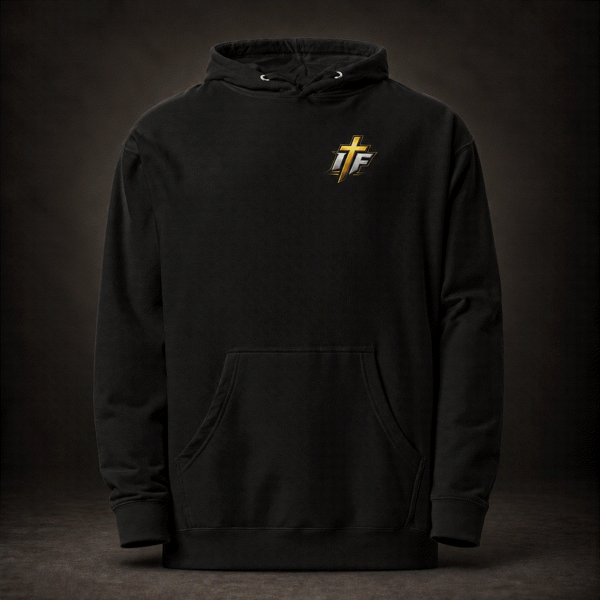 Front of black Faith Hoodie with small gold IFR cross logo on chest