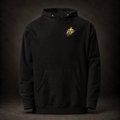 Front of black Faith Hoodie with small gold IFR cross logo on chest
