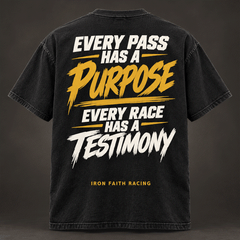 Every Pass Has a Purpose Tee back, washed black with gold and white Every Race Has a Testimony print