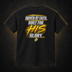 Youth Faith Tee back, black with Driven by Faith, Built for HIS Glory gold print