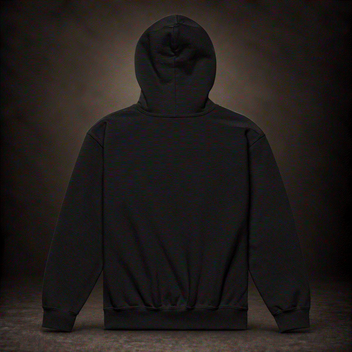 Back of black youth hoodie, plain with no print