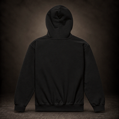 Back of black youth hoodie, plain with no print