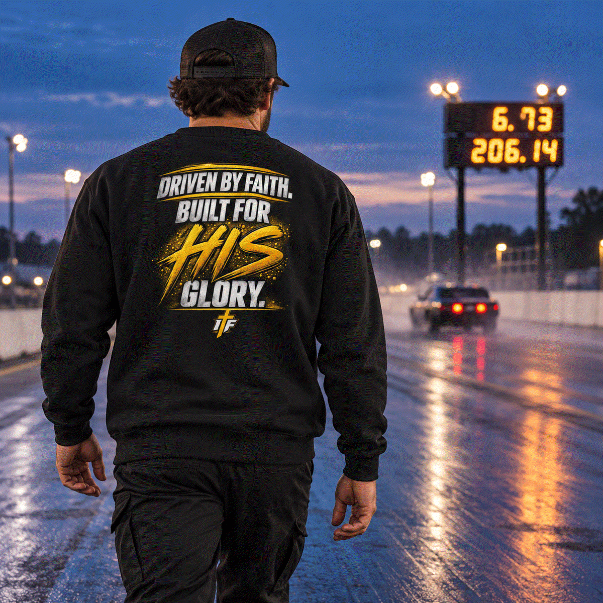 Racer in Faith Crewneck walking the drag strip at blue hour