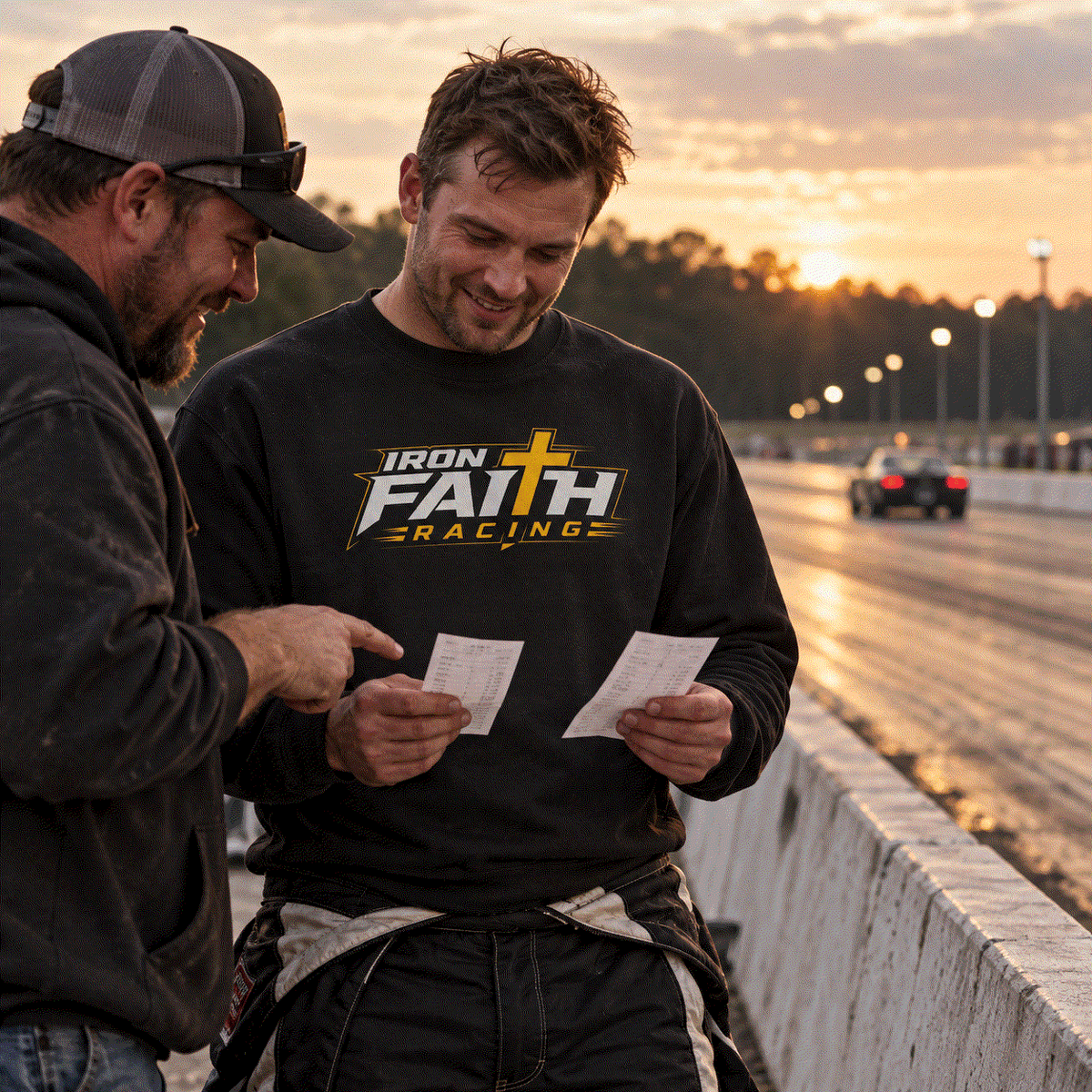 Two racers reviewing time slips by the track wall, one in logo crewneck