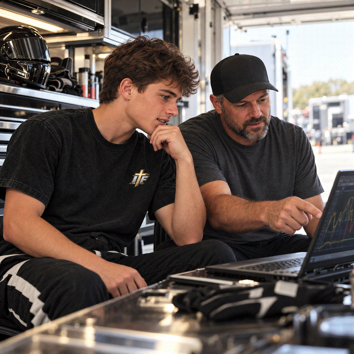 Young driver and mentor reviewing race data on a laptop in the trailer