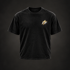Front of Run the Race Tee, washed black with small gold IFR cross logo on chest