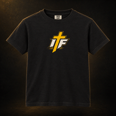 Youth black tee with large gold IFR cross icon on front