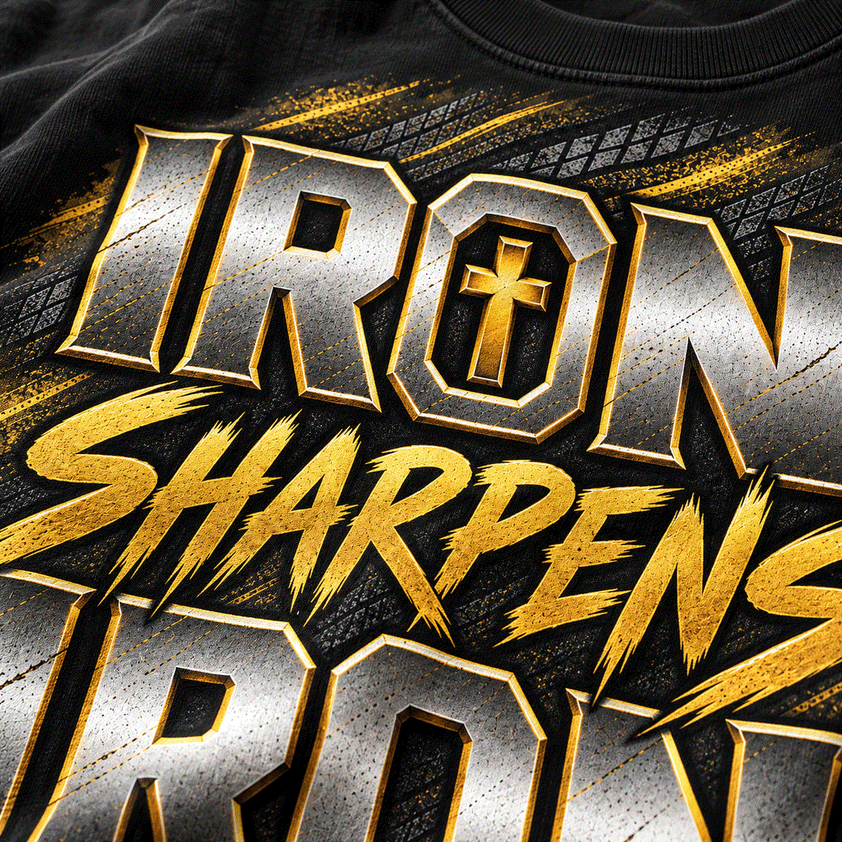Close-up of gold and silver Iron Sharpens Iron lettering on the back print