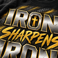 Close-up of gold and silver Iron Sharpens Iron lettering on the back print