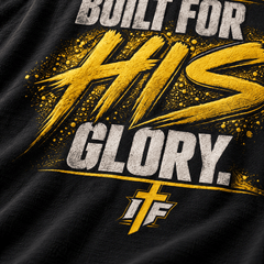 Close-up of gold Built for HIS Glory back print with IFR cross