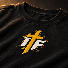 Close-up of gold IFR cross icon on black youth tee
