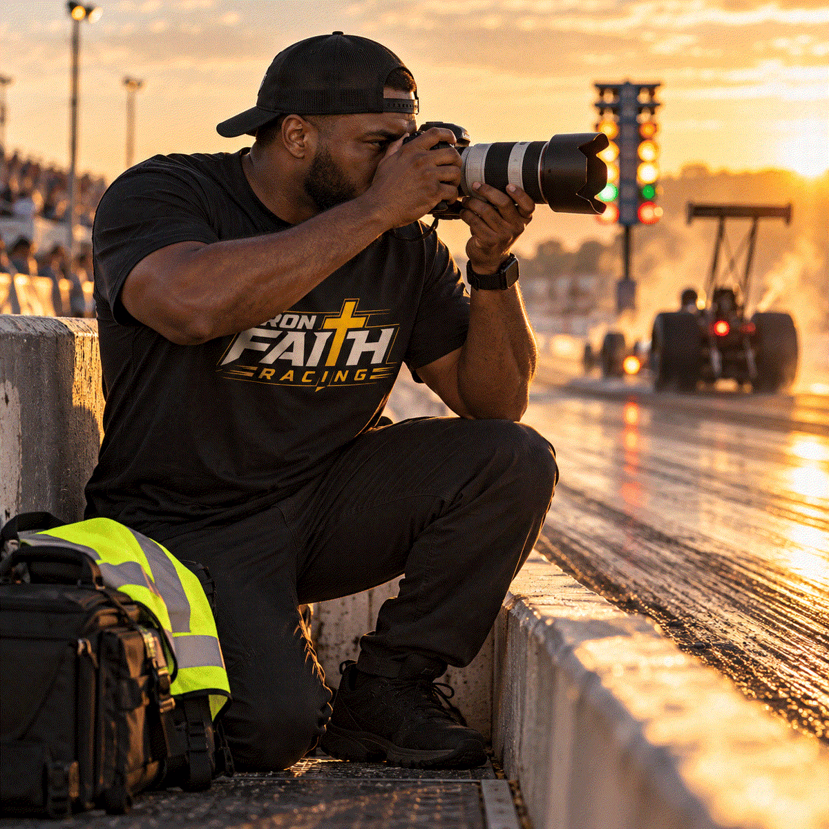 Photographer in Iron Faith Racing tee shooting a dragster at golden hour
