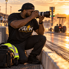 Photographer in Iron Faith Racing tee shooting a dragster at golden hour