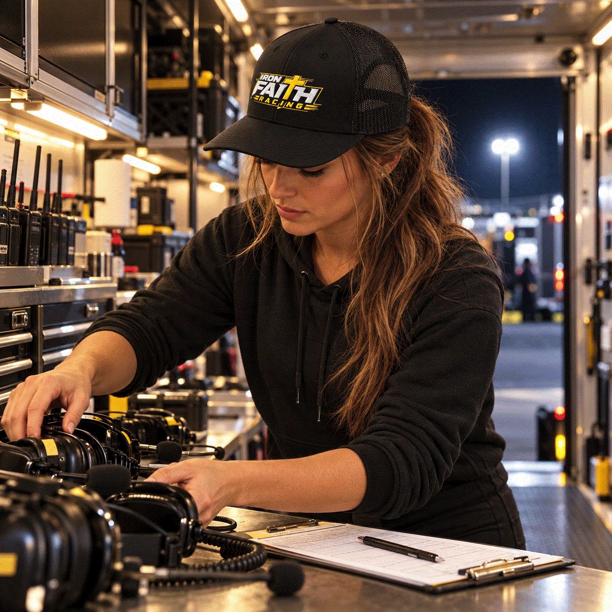 Woman in Iron Faith Racing cap working at a bench in the race trailer