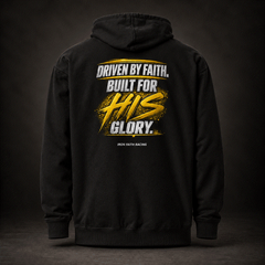 Faith Hoodie back, black with Driven by Faith, Built for HIS Glory gold print