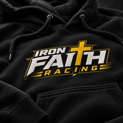 Close-up of Iron Faith Racing logo on hoodie above front pocket