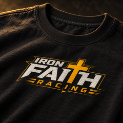 Close-up of Iron Faith Racing logo on youth Faith Tee front