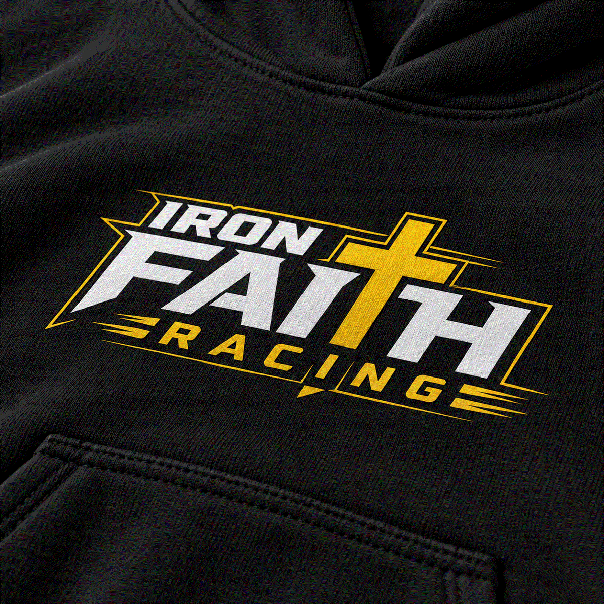 Close-up of Iron Faith Racing logo on youth hoodie above front pocket