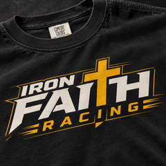 Close-up of Iron Faith Racing logo on heavyweight tee chest