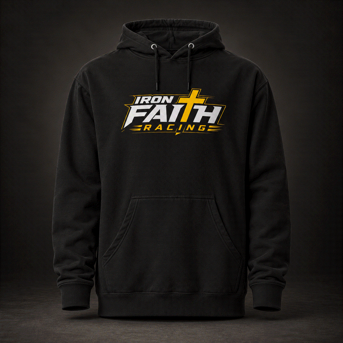 Black pullover hoodie with Iron Faith Racing logo on front
