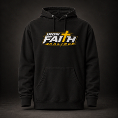 Black pullover hoodie with Iron Faith Racing logo on front
