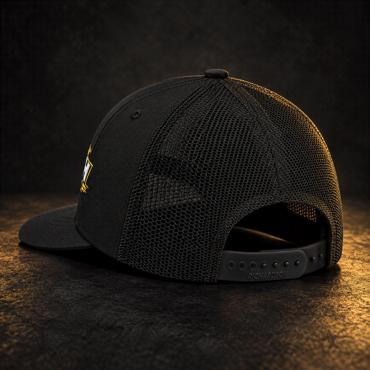 Rear view of black Iron Faith Racing trucker cap with snapback closure