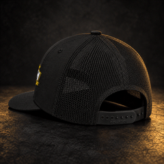 Rear view of black Iron Faith Racing trucker cap with snapback closure