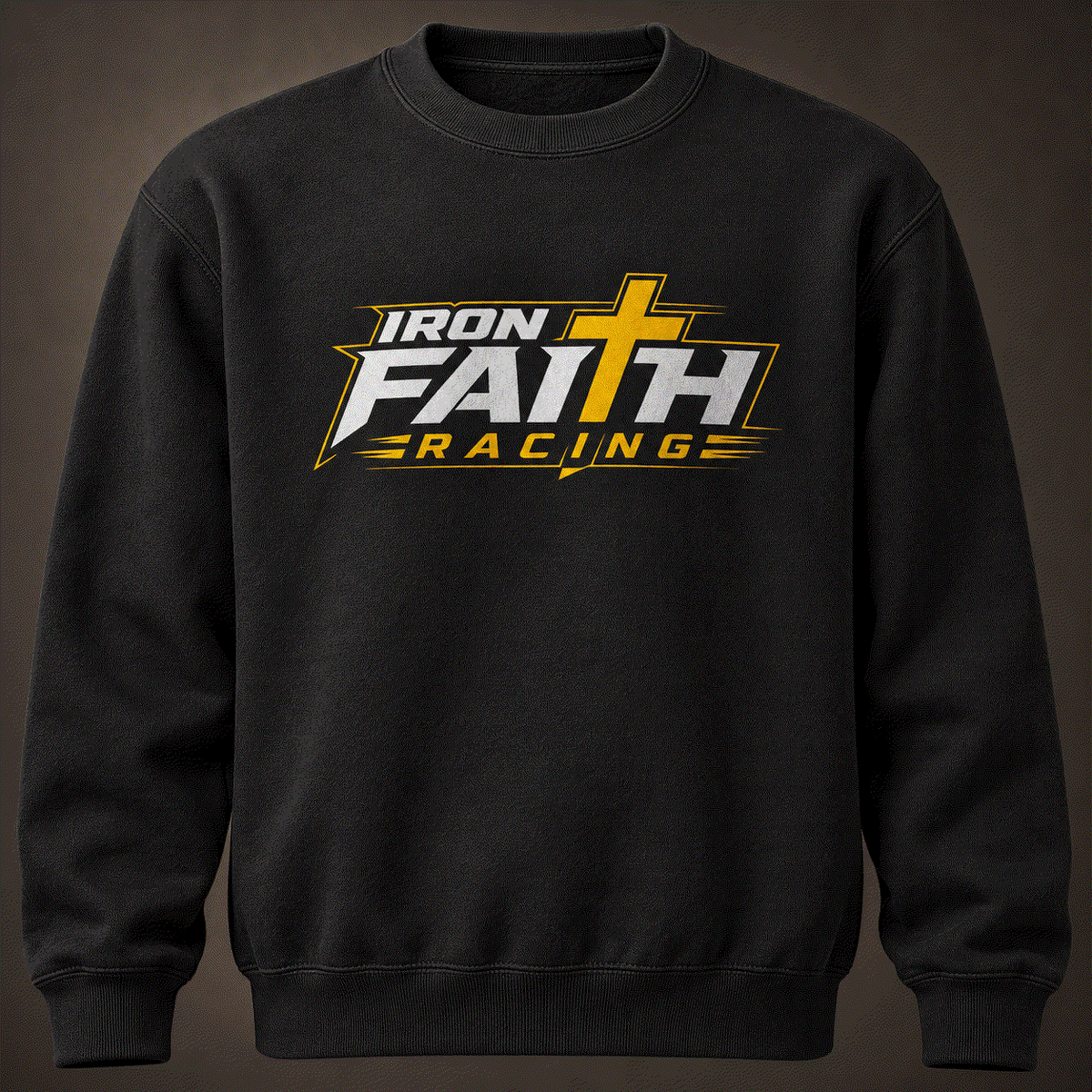 Close-up of Iron Faith Racing logo on black crewneck