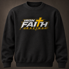 Close-up of Iron Faith Racing logo on black crewneck