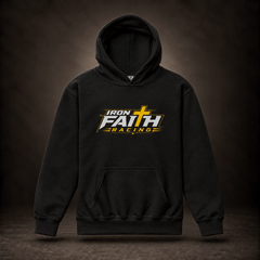 Youth black pullover hoodie with Iron Faith Racing logo on front