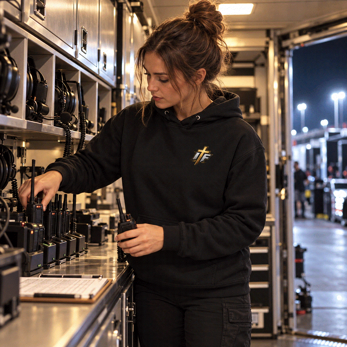 Woman in Faith Hoodie setting up radios in the race trailer at night