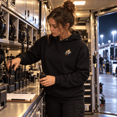 Woman in Faith Hoodie setting up radios in the race trailer at night