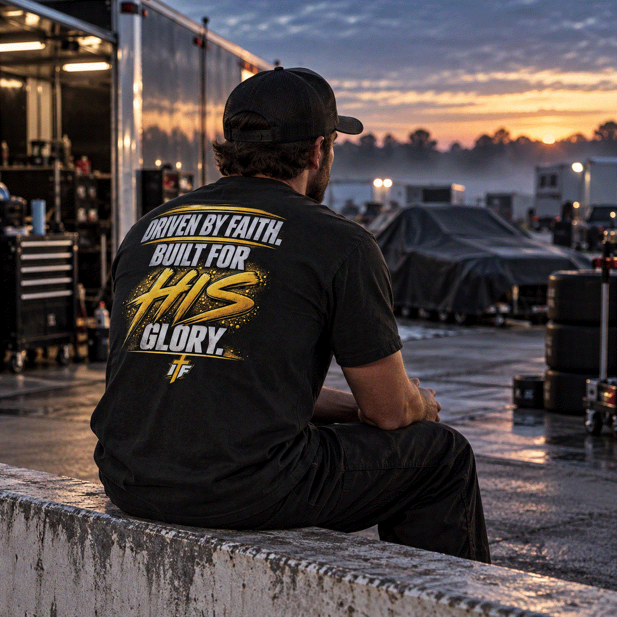 Man in Faith Tee seated on a wall in the paddock before dawn